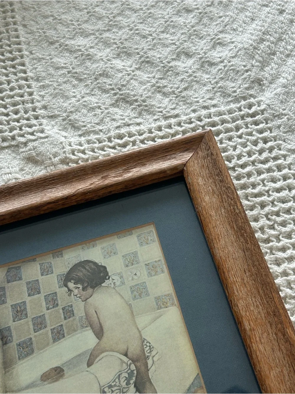 Framed Vintage Bath Illustration in Brown Wood Frame